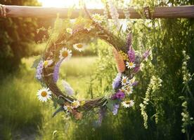 ai generiert rustikal Wildblumen Kranz auf ein sonnig Wiese. Sommer- Sonnenwende Tag, Hochsommer- Konzept. generativ ai foto