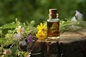 ai generiert Glas Flasche von Kräuter- wesentlich Extrakt, Schmetterling, und Wildblumen auf ein Baum Stumpf. ai generiert foto