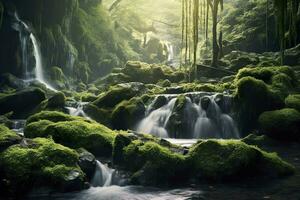 ai generiert Wasserfall Landschaft mit Felsen bedeckt im Grün Moos. ai generiert foto