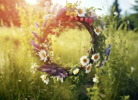 ai generiert rustikal Wildblumen Kranz auf ein sonnig Wiese. Sommer- Sonnenwende Tag, Hochsommer- Konzept. generativ ai foto