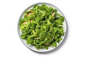 ai generiert gesund frisch Grün Salat Teller Schuss von über auf Weiß Hintergrund. ai generiert foto