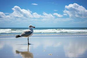 ai generiert Möwe auf das Strand unter Blau Himmel. foto