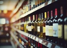 ai generiert abstrakt verwischen Wein Flaschen auf Alkohol Alkohol Regale im Supermarkt Geschäft Hintergrund. generativ ai foto