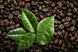ai generiert Grün Blätter mit Kaffee Bohnen wie Hintergrund. ai generiert foto