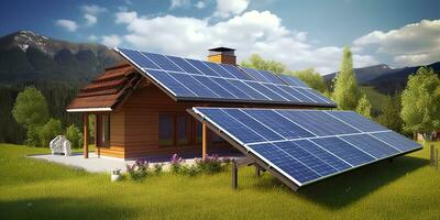ai generiert Photovoltaik Solar- Tafeln. nachhaltig Energie. ein Mini Leistung Pflanze zum ein heim. generativ ai foto