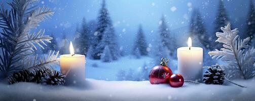 ai generiert Winter Wald Landschaft mit Verbrennung Kerzen Weihnachten Dekoration. ai generiert foto