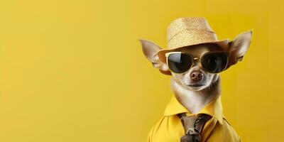 ai generiert cool suchen Chihuahua Hund tragen funky Mode Kleid. Raum zum Text richtig Seite. generativ ai foto