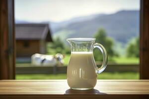 ai generiert Glas Krug mit frisch Milch auf ein hölzern Tisch. ai generiert foto