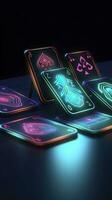 ai generiert etwas spielen Karten mit glühend Neon- Designs auf ein Tablette. generativ ai foto