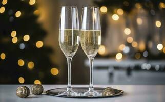 ai generiert Brille mit Champagner auf das Hintergrund von Weihnachten Dekorationen. ai generiert foto