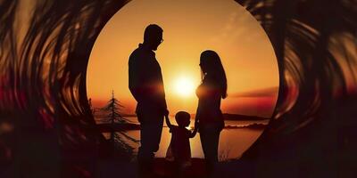 ai generiert Schatten von glücklich Familie zusammen, Eltern mit ihr wenig Baby beim Sonnenuntergang. ein Silhouette von Liebe und Einheit. ai generativ foto