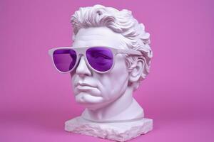 ai generiert das Kopf von ein Weiß mythologisch Statue mit modisch Rosa Brille auf seine Augen, Rahmen im Profil. ai generativ foto