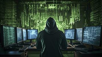 ai generiert Hacker. ein Blick in das Welt von Cyber Verschwörungen. ai generiert foto