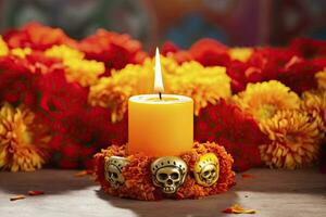 ai generiert Kerzen und Ringelblume Blumen. Tag von das tot Konzept dia de los Muertos. ai generiert foto