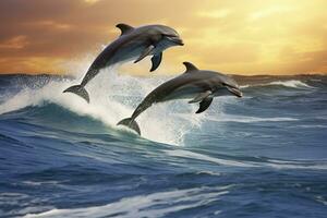 spielerisch Delfine Springen Über brechen Wellen. Hawaii Pazifik Ozean Tierwelt Landschaft. generativ ai foto