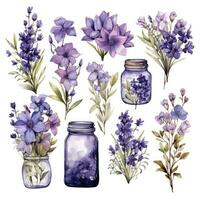 ai generiert Sammlung von Aquarell Mason Gläser mit lila Blumen Clip Art. ai generiert foto