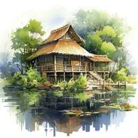 ai generiert ein aquarelliert hell heiter Bild von ein traditionell Bahay kubo. ai generiert foto