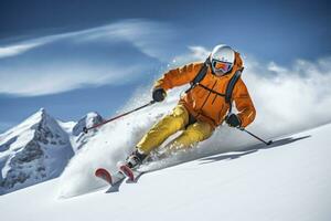 ai generiert Skifahrer Skifahren auf Berg Neigung. ai generiert foto