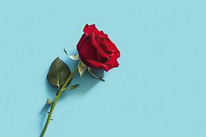 ai generiert rot Rose Blume auf Blau Hintergrund. romantisch Valentinstag Urlaub Konzept. ai generiert foto