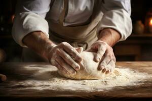 ai generiert Foto von ein Bäcker kneten Teig zum Handwerker Brot. generativ ai