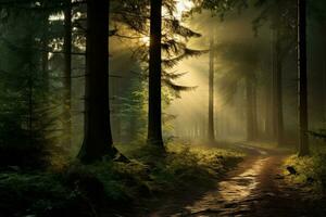 ai generiert Foto von ein heiter Wald Landschaft mit neblig Morgen Licht. generativ ai