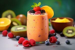 ai generiert Foto von ein erfrischend Obst Smoothie mit beschwingt Schichten und ein tropisch Twist. generativ ai