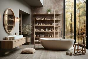 ai generiert skandinavisch inspiriert Badezimmer, warm Einfachheit und natürlich Elemente, neutral Farbe planen mit warm Holz Töne foto