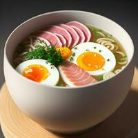 ai generiert japanisch Ramen mit Schweinefleisch Knochen Brühe und Eier. generativ ai. foto