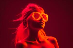 ai generiert Neon- Porträt von ein Mädchen mit Brille. neural Netzwerk ai generiert foto