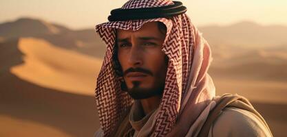 ai generiert jung Saudi männlich im das Wüste foto