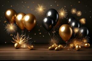ai generiert glücklich Neu Jahr Gruß mit Luftballons und Feuerwerk foto