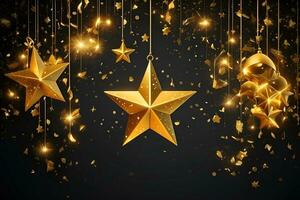 ai generiert glücklich Neu Jahr Hintergrund mit golden Sterne und Dekorationen foto