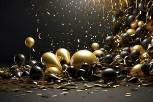 ai generiert glücklich Neu Jahr Hintergrund mit Luftballons und Konfetti schwarz Design foto