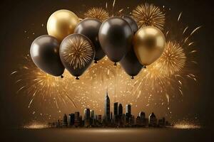 ai generiert glücklich Neu Jahr Gruß mit Luftballons und Feuerwerk foto