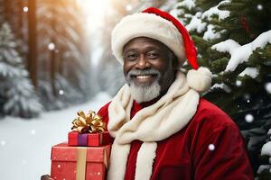 ai generiert amerikanisch Santa claus schwarz afro Santa im Weiß Schnee Landschaft glücklich lächelnd Porträt fröhlich foto