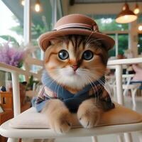 ai generiert ein süß Katze im ein Hut ist Sitzung auf ein Stuhl ai generieren foto