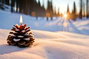 ai generiert drei Kiefer Zapfen mit Kerzen im das Schnee foto