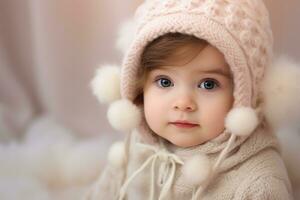 ai generiert süß wenig Mädchen im ein gestrickt Hut und Schal auf ein Licht Hintergrund, bezaubernd wenig Baby Porträt, süß Baby Mädchen drinnen, ai generiert foto