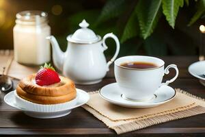 ai generiert ein Blau Teekanne und ein Erdbeere Kuchen auf ein hölzern Tabelle foto