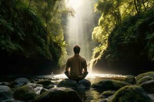 ai generiert Mann meditieren im das Lotus Position auf das Felsen im das Wald, ein Mann üben Achtsamkeit und Meditation im ein friedlich natürlich Umfeld, ai generiert foto