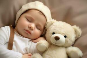 ai generiert süß wenig Baby Schlafen mit Teddy Bär auf Bett beim heim, ein Neugeborene Baby Schlafen mit ein Teddy Bär auf ein bequem Weiß Bett, ai generiert foto