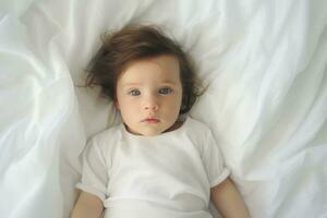ai generiert Porträt von süß wenig Baby Mädchen Lügen auf Weiß Bettwäsche, ein Foto von ein Baby Lügen auf ein Weiß Bett Blatt, ai generiert