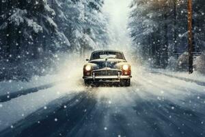 ai generiert Auto Fahren auf das Straße während ein Schneefall im das Winter Wald, ein Auto Beschleunigen Nieder ein schneebedeckt Straße, ai generiert foto