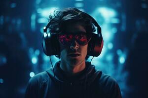 ai generiert Porträt von ein jung Mann mit Kopfhörer Hören zu Musik- auf ein dunkel Hintergrund, ein Bild von ein Person mit ein Headset, ai generiert foto