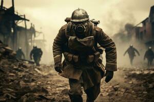 ai generiert Feuerwehrmann im ein Gas Maske und ein Gas Maske im das Rauch, ein Jahrgang Soldat Laufen auf ein Schlachtfeld mit Waffen, anonym Gesichter, ai generiert foto