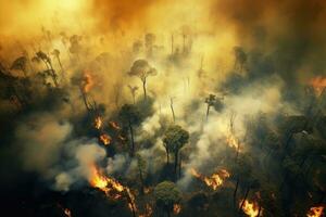 ai generiert Wald Feuer, Verbrennung trocken Gras und Bäume im das Wald, natürlich Katastrophe, Antenne Aussicht von ein Verbrennung Wald, Lauffeuer, global Erwärmen und Klima Veränderung Konzept, ai generiert foto