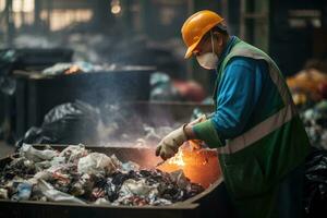 ai generiert Arbeiter mit schützend Maske Arbeiten im ein Abfall Verbrennung Anlage, ein Arbeiter beim ein Recycling Pflanze funktioniert, ai generiert foto