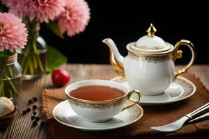 ai generiert ein Blau und Weiß China Teekanne und ein Tasse von Tee auf ein hölzern Tabelle In. KI-generiert foto