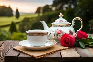 ai generiert ein Blau und Weiß China Teekanne und ein Tasse von Tee auf ein hölzern Tabelle In. KI-generiert foto