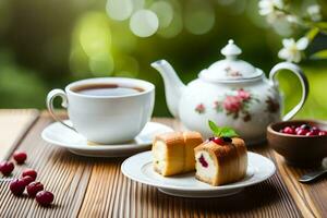 ai generiert ein Blau und Weiß China Teekanne und ein Tasse von Tee auf ein hölzern Tabelle In. KI-generiert foto